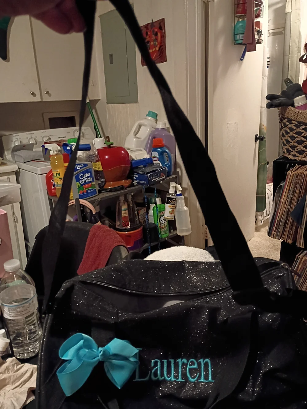 Source Unknown Black Tote with Teal Embroidery and Teal Bow